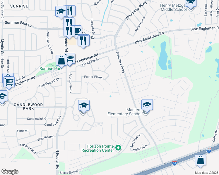 map of restaurants, bars, coffee shops, grocery stores, and more near 3310 Uresti Fields in Converse