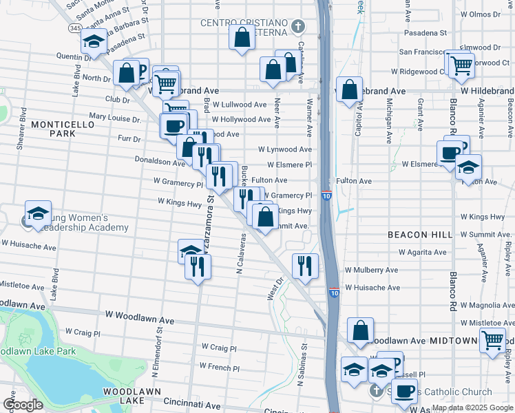 map of restaurants, bars, coffee shops, grocery stores, and more near 1531 West Kings Highway in San Antonio