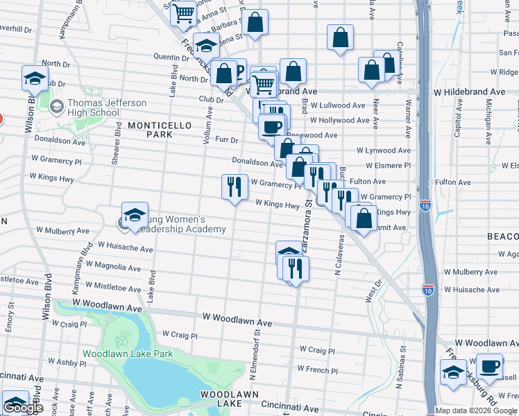 map of restaurants, bars, coffee shops, grocery stores, and more near 1814 West Kings Highway in San Antonio