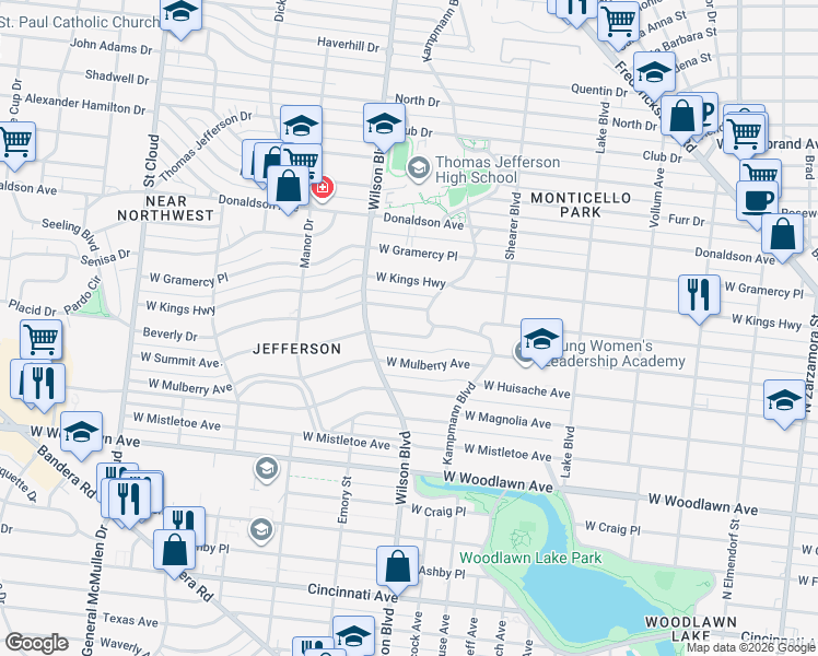 map of restaurants, bars, coffee shops, grocery stores, and more near 2327 West Summit in San Antonio