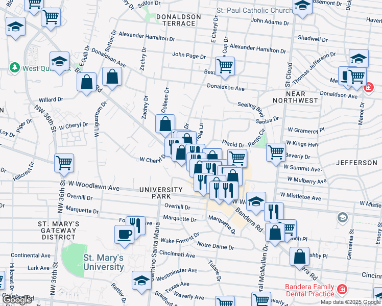 map of restaurants, bars, coffee shops, grocery stores, and more near 1030 Bandera Road in San Antonio