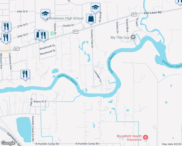 map of restaurants, bars, coffee shops, grocery stores, and more near 4424 Country Club Drive in Dickinson