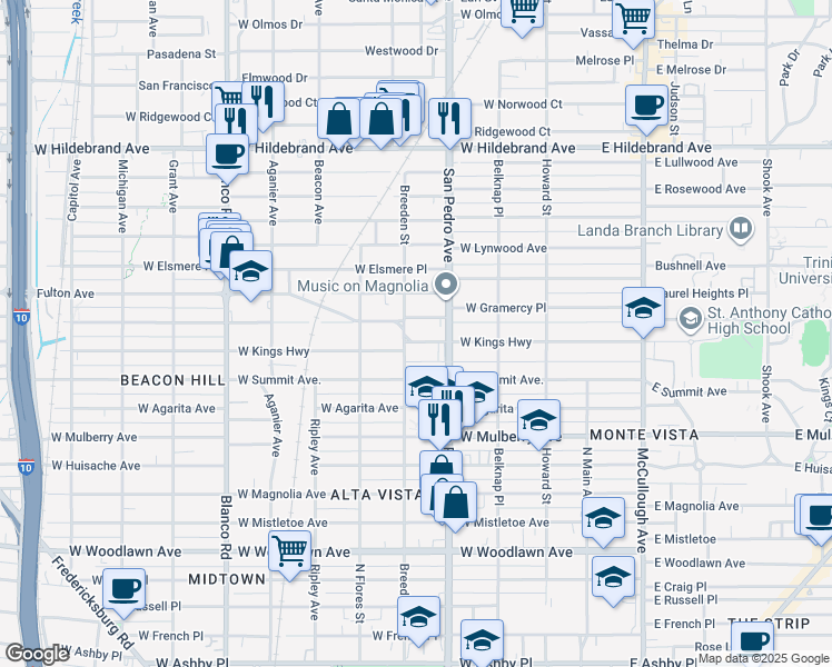 map of restaurants, bars, coffee shops, grocery stores, and more near 431 West Kings Highway in San Antonio