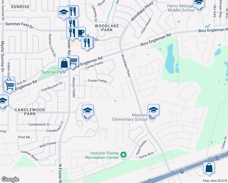 map of restaurants, bars, coffee shops, grocery stores, and more near 3310 Uresti Fields in Converse