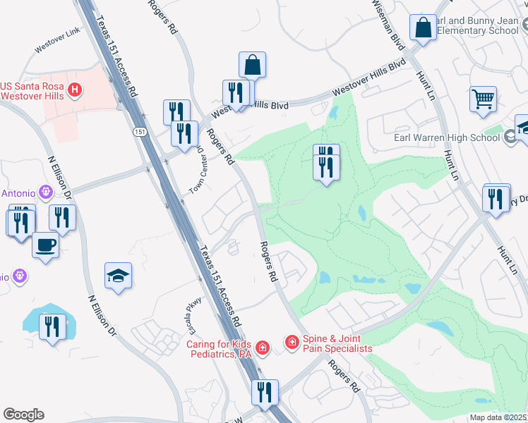 map of restaurants, bars, coffee shops, grocery stores, and more near 9925 Hyatt Resort Drive in San Antonio