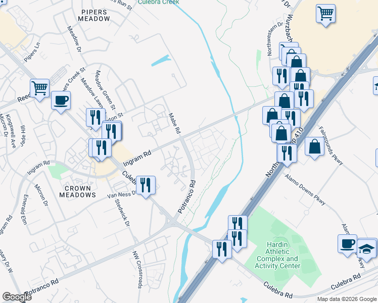 map of restaurants, bars, coffee shops, grocery stores, and more near 7210 Potranco Road in San Antonio