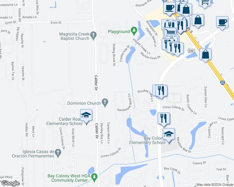 map of restaurants, bars, coffee shops, grocery stores, and more near 101 Avery Springs Lane in Dickinson