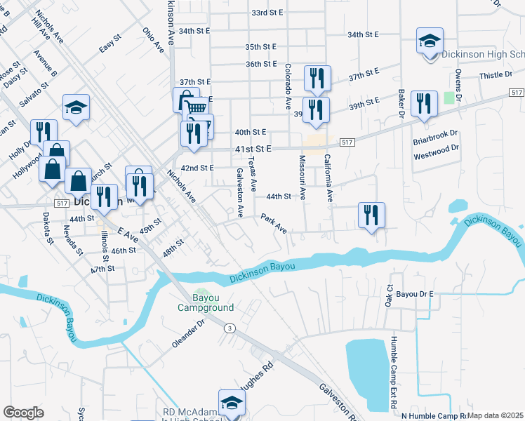 map of restaurants, bars, coffee shops, grocery stores, and more near 4607 Park Avenue in Dickinson