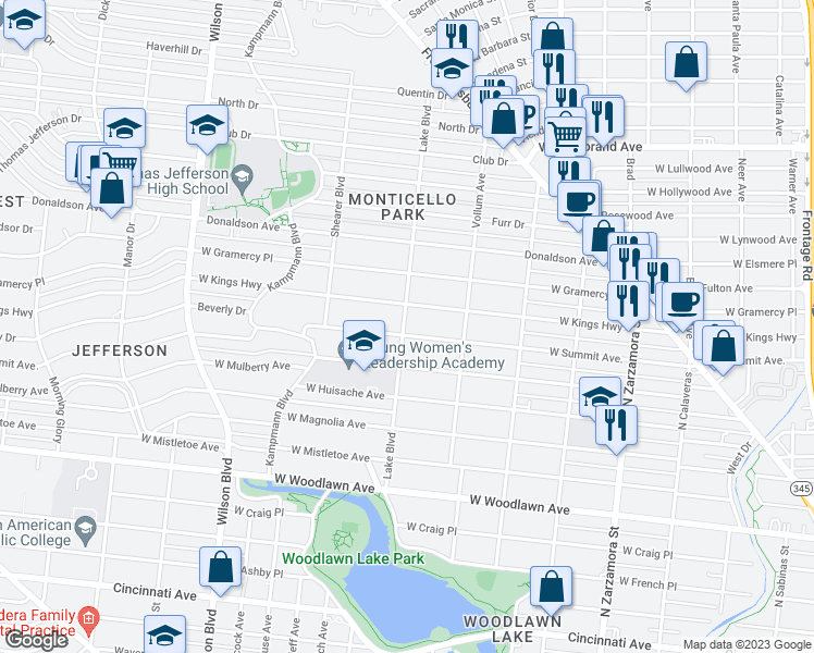 map of restaurants, bars, coffee shops, grocery stores, and more near 2055 West Summit in San Antonio