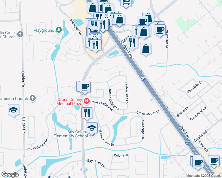 map of restaurants, bars, coffee shops, grocery stores, and more near 2909 Windy Hollow Lane in Dickinson