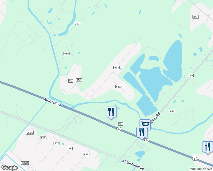 map of restaurants, bars, coffee shops, grocery stores, and more near 9210 Lee Lane in Manvel