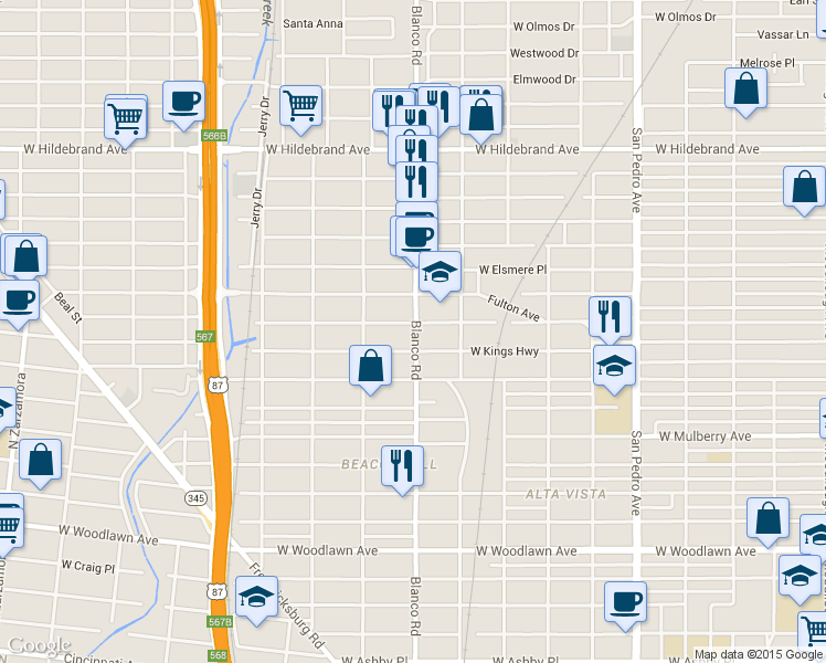 map of restaurants, bars, coffee shops, grocery stores, and more near 6995_1 Blanco Road in San Antonio