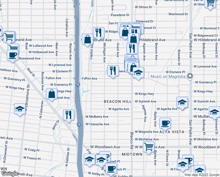map of restaurants, bars, coffee shops, grocery stores, and more near 1027 West Kings Highway in San Antonio