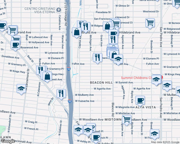map of restaurants, bars, coffee shops, grocery stores, and more near 1115 West Kings Highway in San Antonio