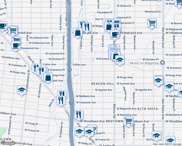 map of restaurants, bars, coffee shops, grocery stores, and more near 1115 West Kings Highway in San Antonio