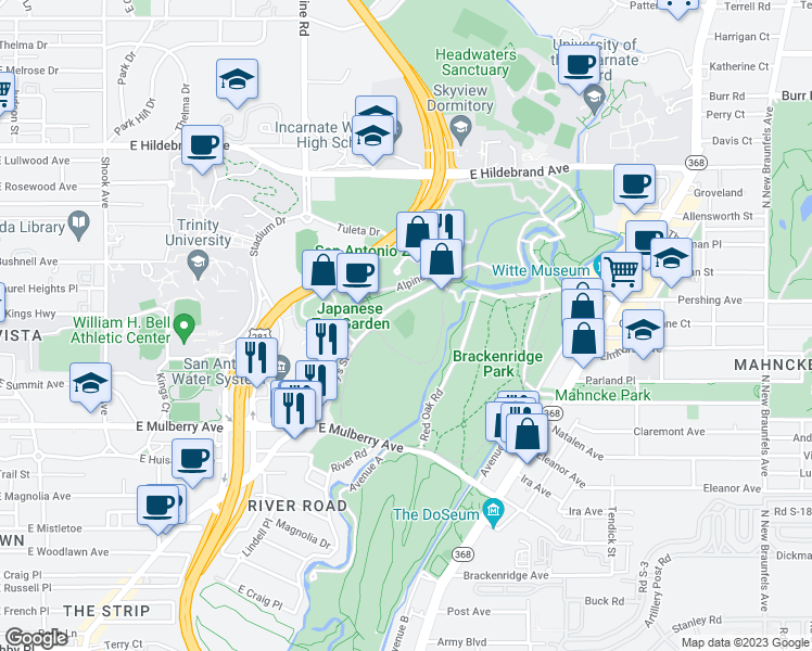 map of restaurants, bars, coffee shops, grocery stores, and more near 3610 North Saint Mary's Street in San Antonio