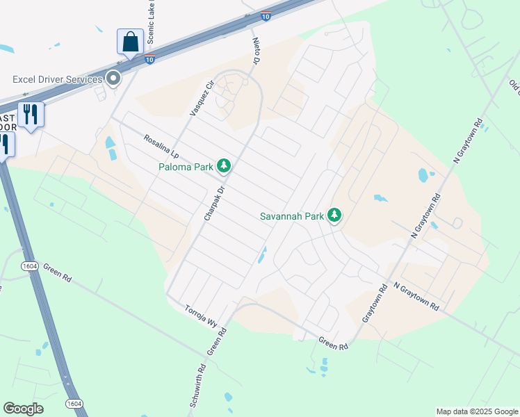 map of restaurants, bars, coffee shops, grocery stores, and more near 10764 Rosalina Loop in Converse