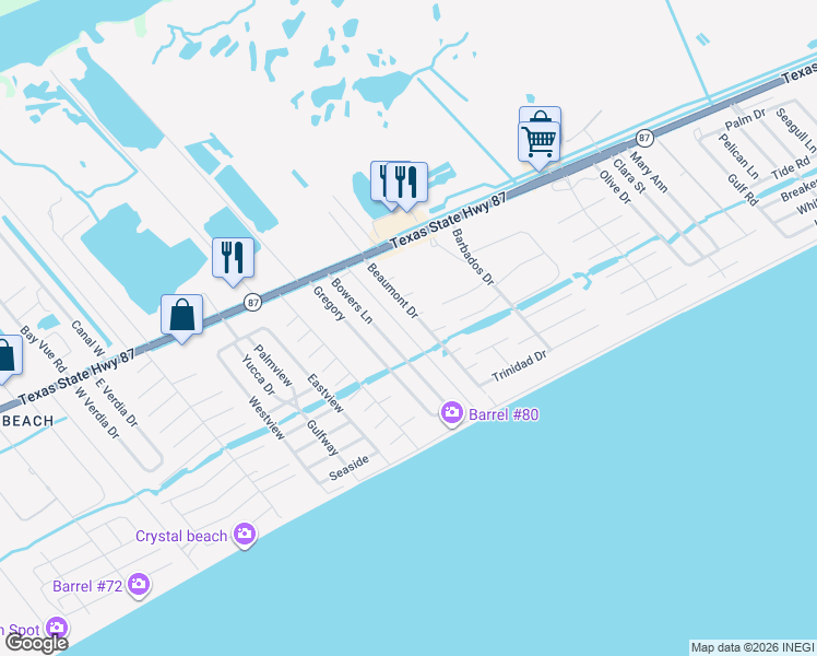 map of restaurants, bars, coffee shops, grocery stores, and more near 934 Meynig Drive in Bolivar Peninsula
