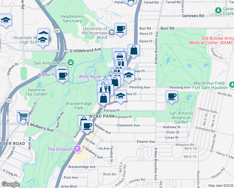 map of restaurants, bars, coffee shops, grocery stores, and more near Alberta Street in San Antonio