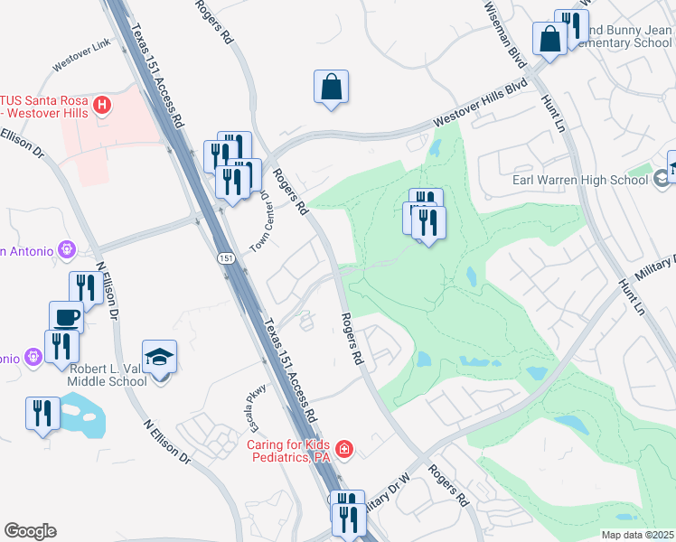 map of restaurants, bars, coffee shops, grocery stores, and more near 9800 Hyatt Resort Drive in San Antonio