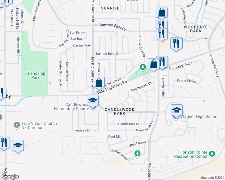 map of restaurants, bars, coffee shops, grocery stores, and more near 3815 Candleglenn in San Antonio