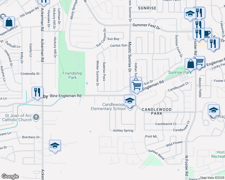 map of restaurants, bars, coffee shops, grocery stores, and more near 5802 Glacier Sun Drive in San Antonio