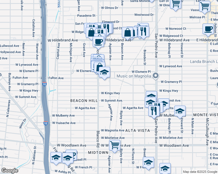 map of restaurants, bars, coffee shops, grocery stores, and more near 807 West Kings Highway in San Antonio