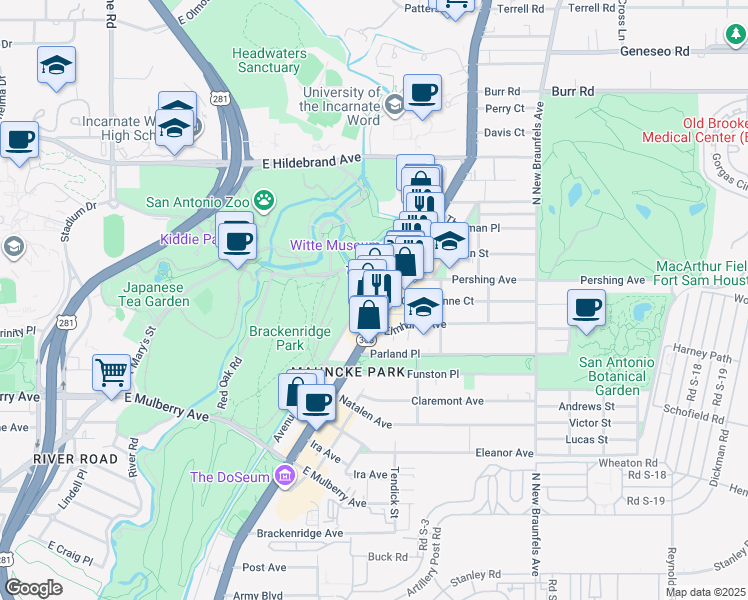 map of restaurants, bars, coffee shops, grocery stores, and more near in San Antonio