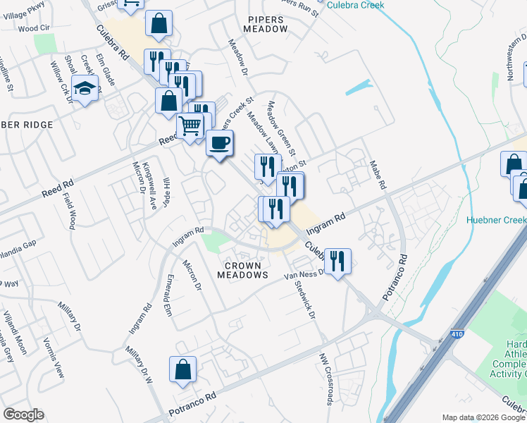 map of restaurants, bars, coffee shops, grocery stores, and more near 7744 Culebra Road in San Antonio