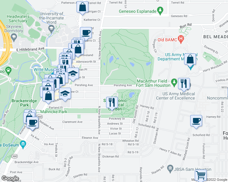 map of restaurants, bars, coffee shops, grocery stores, and more near 551 Queen Anne Court in San Antonio