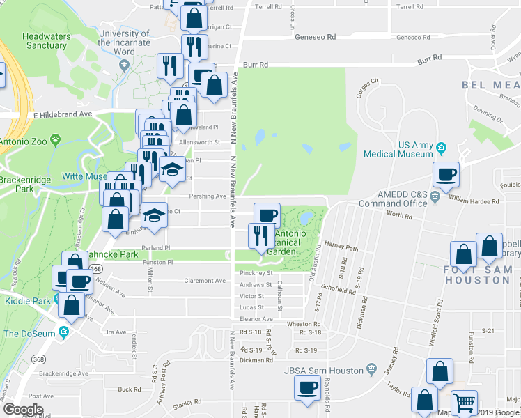 map of restaurants, bars, coffee shops, grocery stores, and more near 551 Queen Anne Court in San Antonio