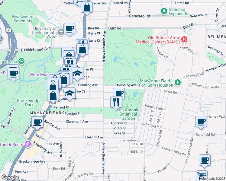 map of restaurants, bars, coffee shops, grocery stores, and more near 520 Queen Anne Court in San Antonio