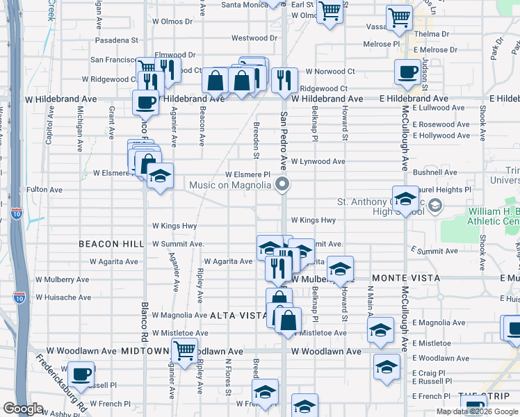 map of restaurants, bars, coffee shops, grocery stores, and more near 438 West Gramercy Place in San Antonio
