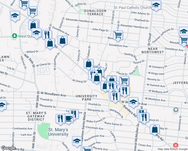 map of restaurants, bars, coffee shops, grocery stores, and more near 102 East Cheryl Drive in San Antonio