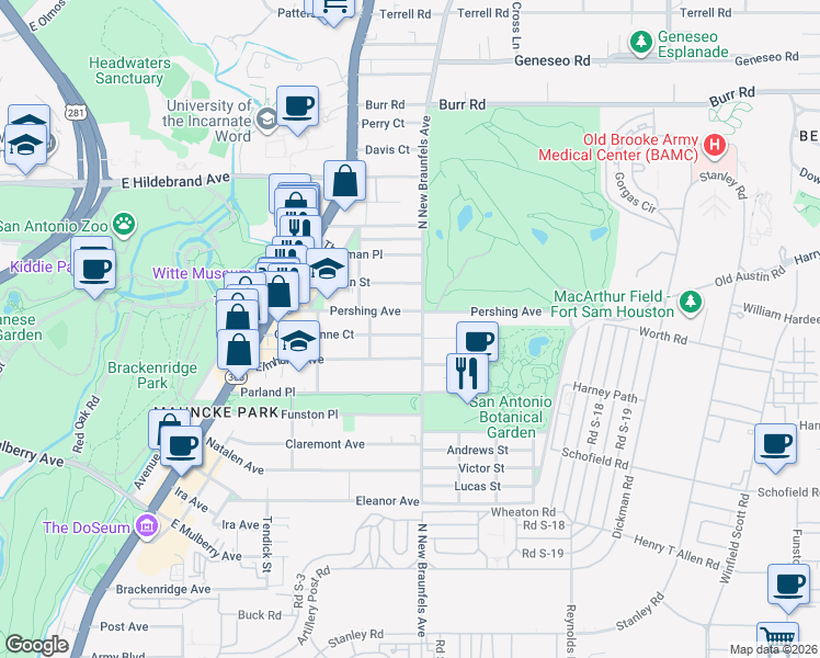 map of restaurants, bars, coffee shops, grocery stores, and more near 437 Queen Anne Court in San Antonio