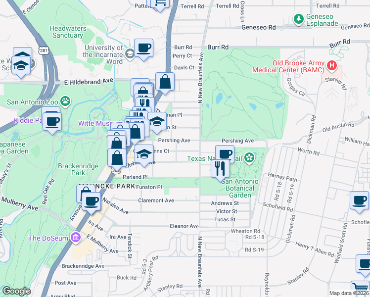 map of restaurants, bars, coffee shops, grocery stores, and more near 419 Queen Anne Court in San Antonio