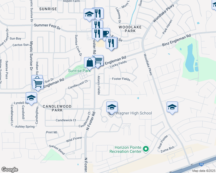 map of restaurants, bars, coffee shops, grocery stores, and more near 3403 Aranda Fields in Converse