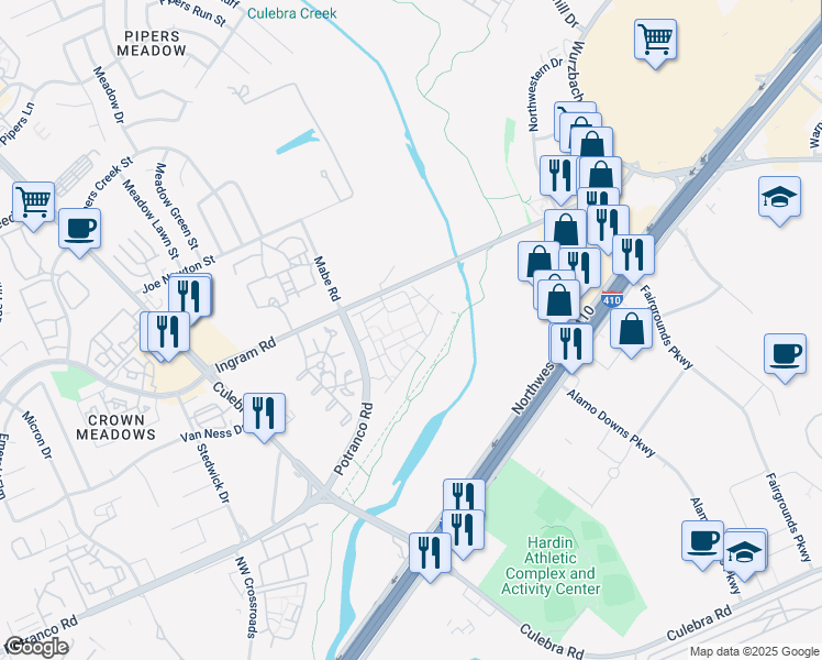map of restaurants, bars, coffee shops, grocery stores, and more near 7210 Potranco Road in San Antonio