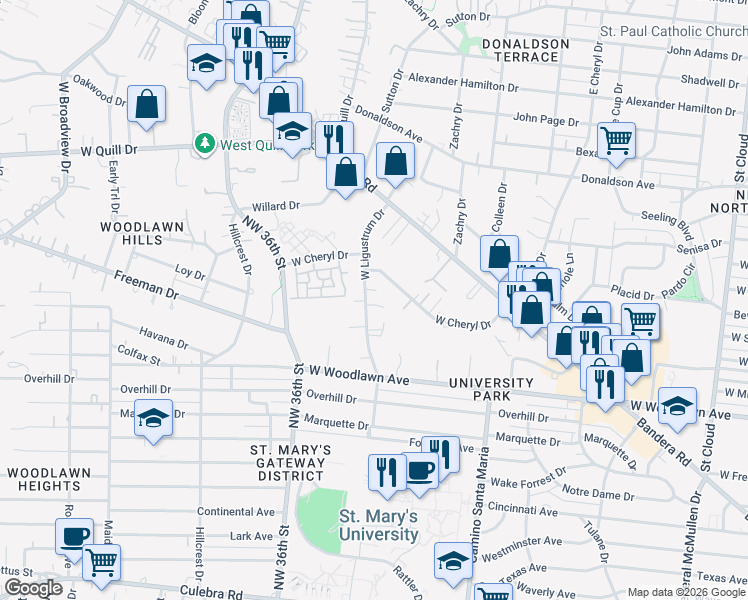 map of restaurants, bars, coffee shops, grocery stores, and more near 250 West Ligustrum Drive in San Antonio