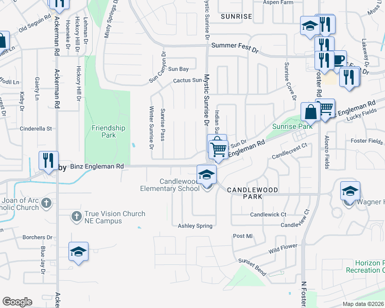 map of restaurants, bars, coffee shops, grocery stores, and more near 5834 Glacier Sun Drive in San Antonio