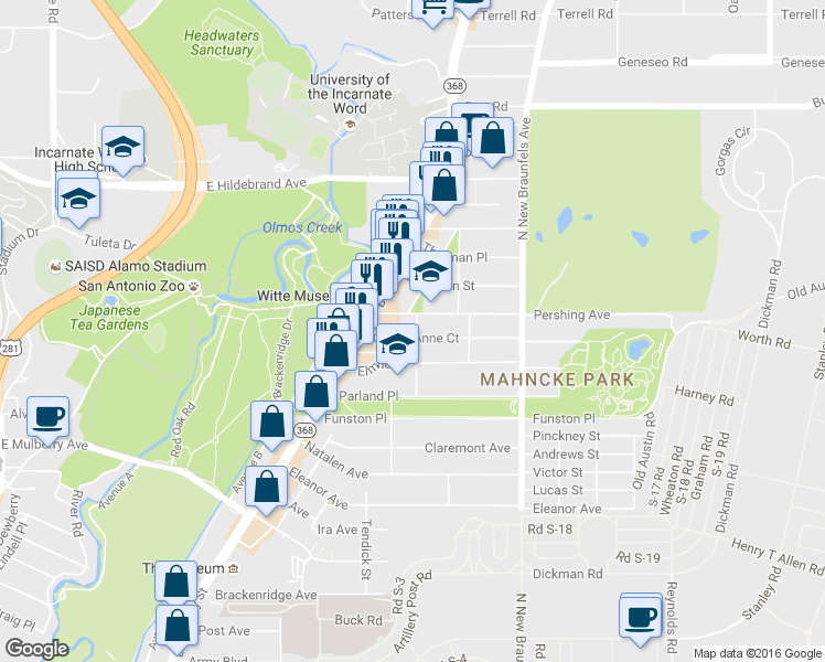 map of restaurants, bars, coffee shops, grocery stores, and more near 310 Queen Anne Court in San Antonio