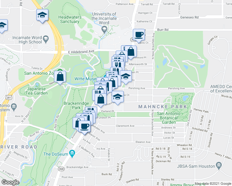 map of restaurants, bars, coffee shops, grocery stores, and more near 204 Queen Anne Court in San Antonio