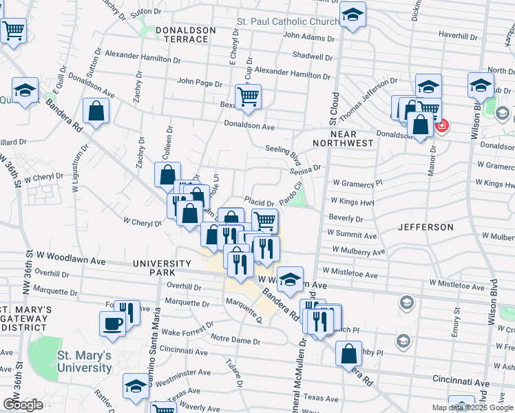 map of restaurants, bars, coffee shops, grocery stores, and more near 236 Placid Drive in San Antonio