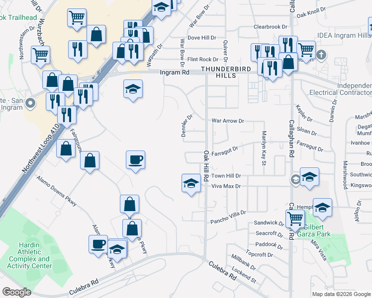 map of restaurants, bars, coffee shops, grocery stores, and more near 6226 Farragut Drive in San Antonio