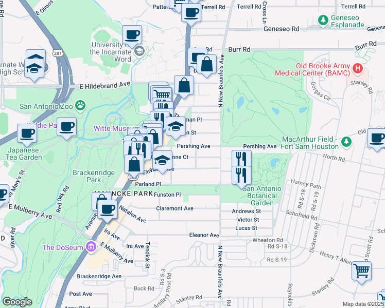 map of restaurants, bars, coffee shops, grocery stores, and more near 346 Queen Anne Court in San Antonio