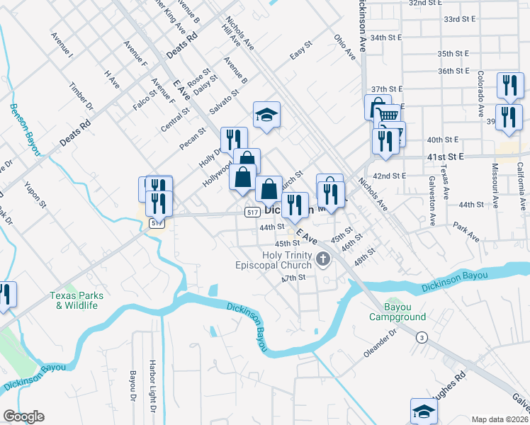 map of restaurants, bars, coffee shops, grocery stores, and more near 2546 Farm-To-Market 517 Road East in Dickinson