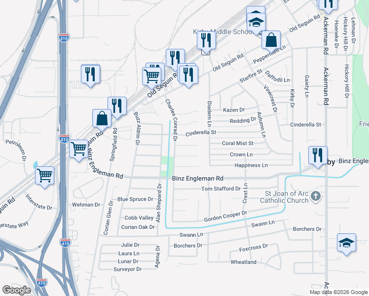 map of restaurants, bars, coffee shops, grocery stores, and more near 5006 Frank Borman Drive in San Antonio