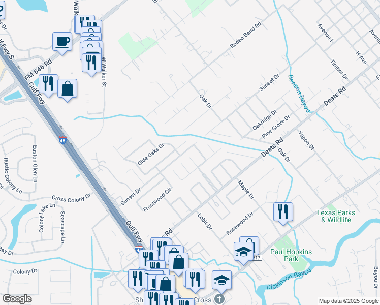 map of restaurants, bars, coffee shops, grocery stores, and more near 2707 Mount Vernon Drive in Dickinson