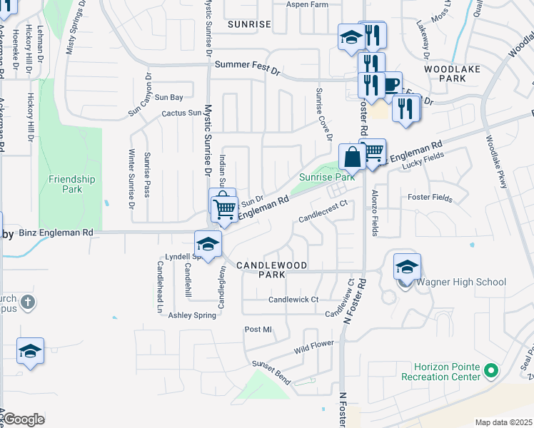 map of restaurants, bars, coffee shops, grocery stores, and more near 3815 Candleglenn in San Antonio