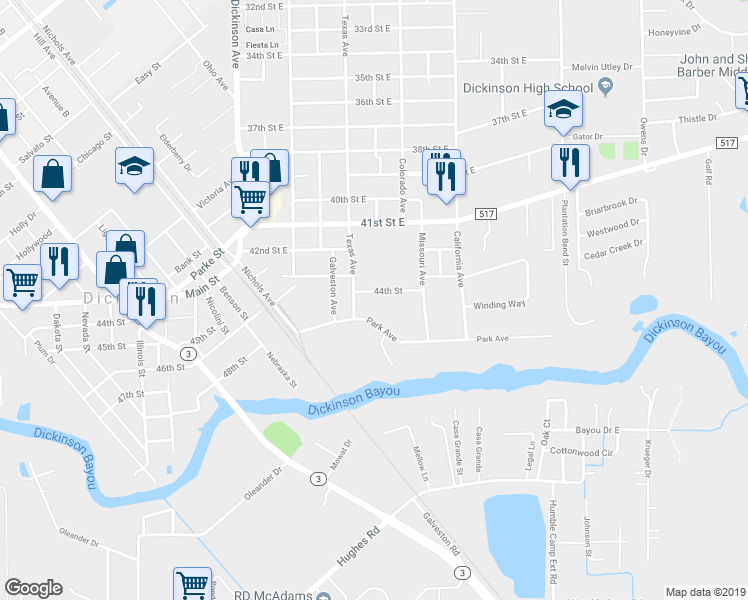 map of restaurants, bars, coffee shops, grocery stores, and more near 4607 Park Avenue in Dickinson